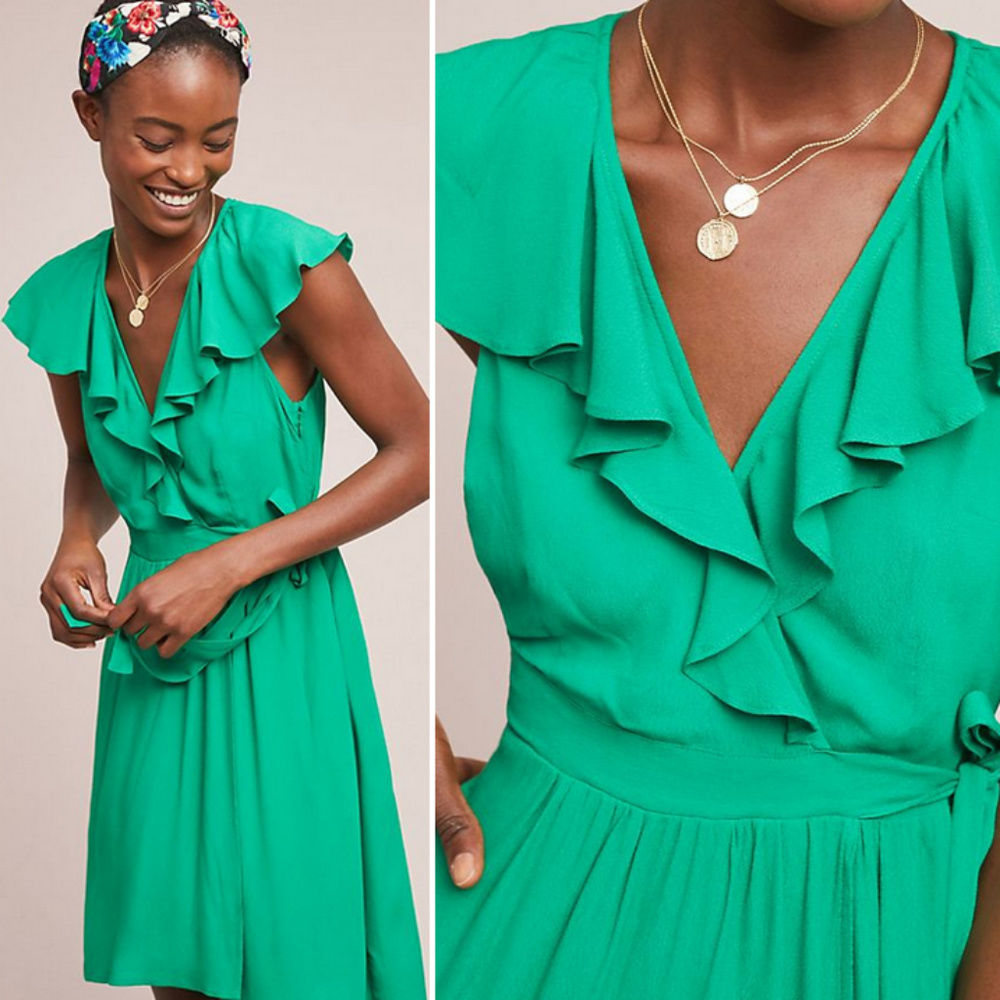 Anthropologie Maeve Rosalia - Green Faux Wrap Ruffle Dress